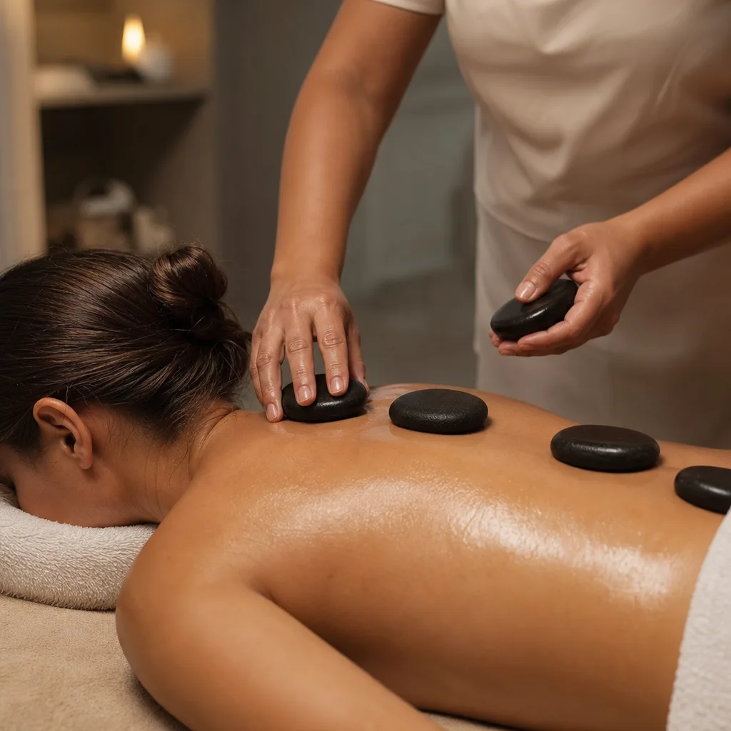 Massagem com Pedras Quentes — Promove um relaxamento intenso, além da desobstrução e normalização do fluxo